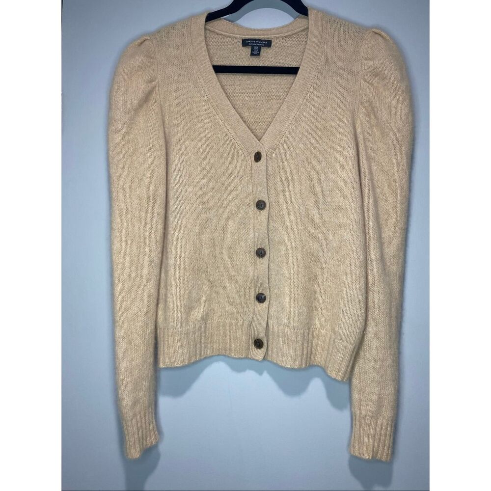L/XL, Saks 5th Ave cashmere cardigan with slight puff sleeve like new condition!